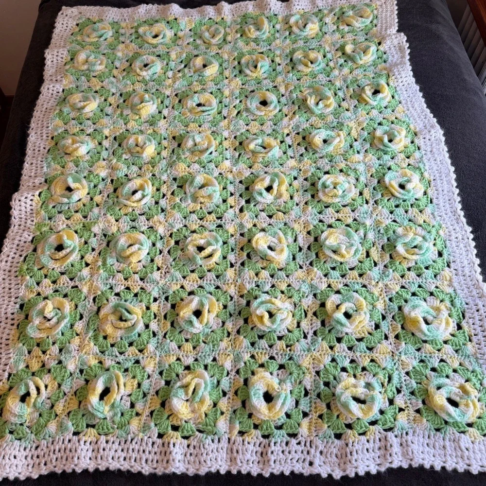 Handmade Crochet Baby Blanket Unisex 41x53 Granny Square 3D Floral Rose Afghan